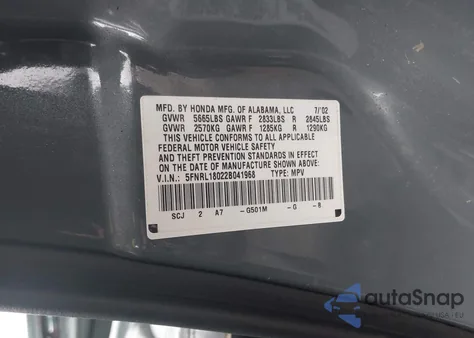 2002 Honda Odyssey Ex-L z USA, uszkodzony, nr VIN 5FNRL18022B041968